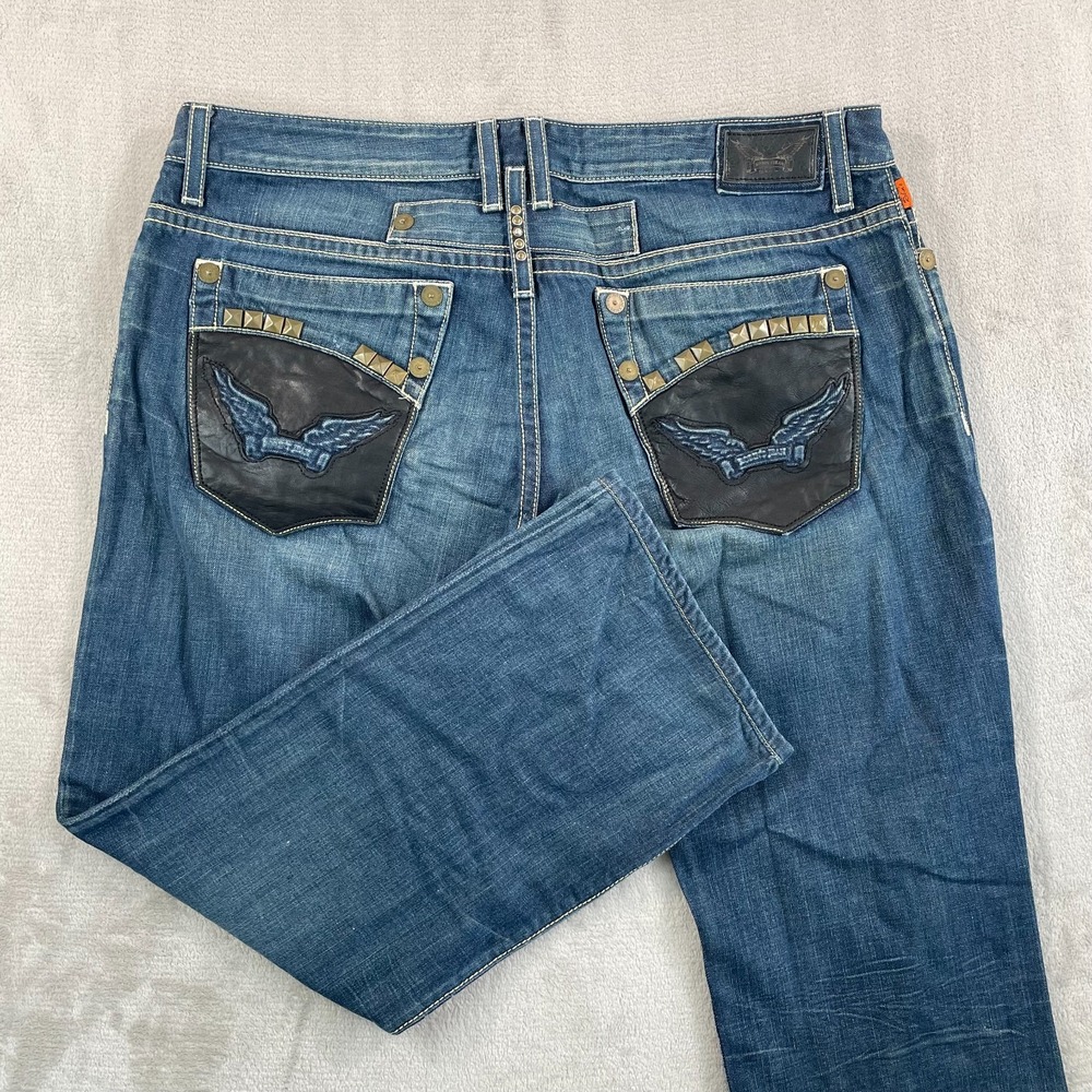Robin's Embossed Studded Jeans Men 40x30 Blue Straight Leg Zip Fly USA‎ Made Y2K